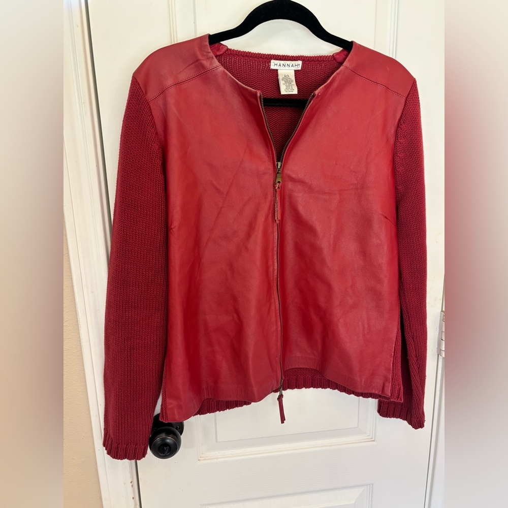 Women's Red Leather Front with Knit Sleeve Zip Jacket Large Lightweight
